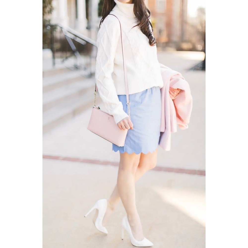 J. Crew Women Scalloped Hem Mini Skirt Dusty Blue Cotton Linen A-Line High Waist